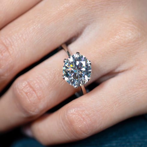 A close-up of a hand wearing a rose gold ring with a large round brilliant-cut diamond. The ring is shown on the finger, with the skin and dark blue jeans visible in the background.